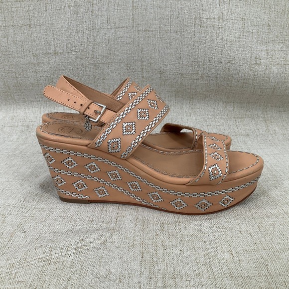 Tory Burch Shoes - Tory Burch Reena Wedge Sandals Womens 9M Tan Leather Embroidered Platform